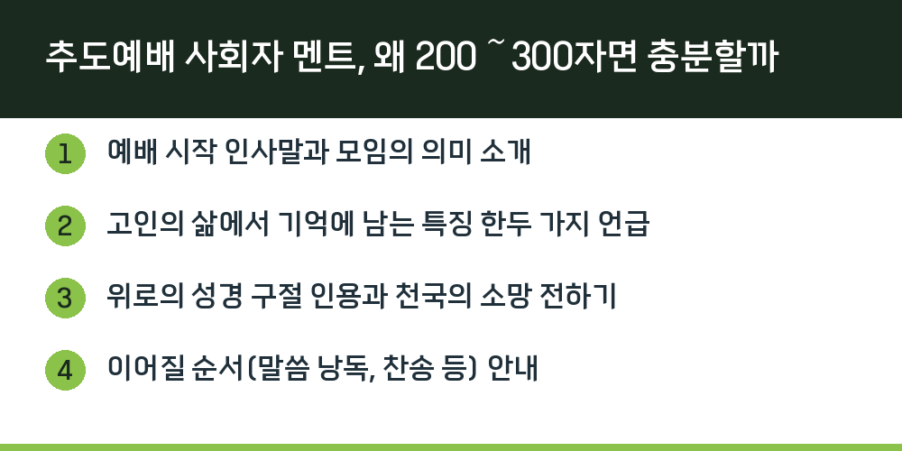 추도예배 사회자 멘트, 왜 200～300자면 충분할까