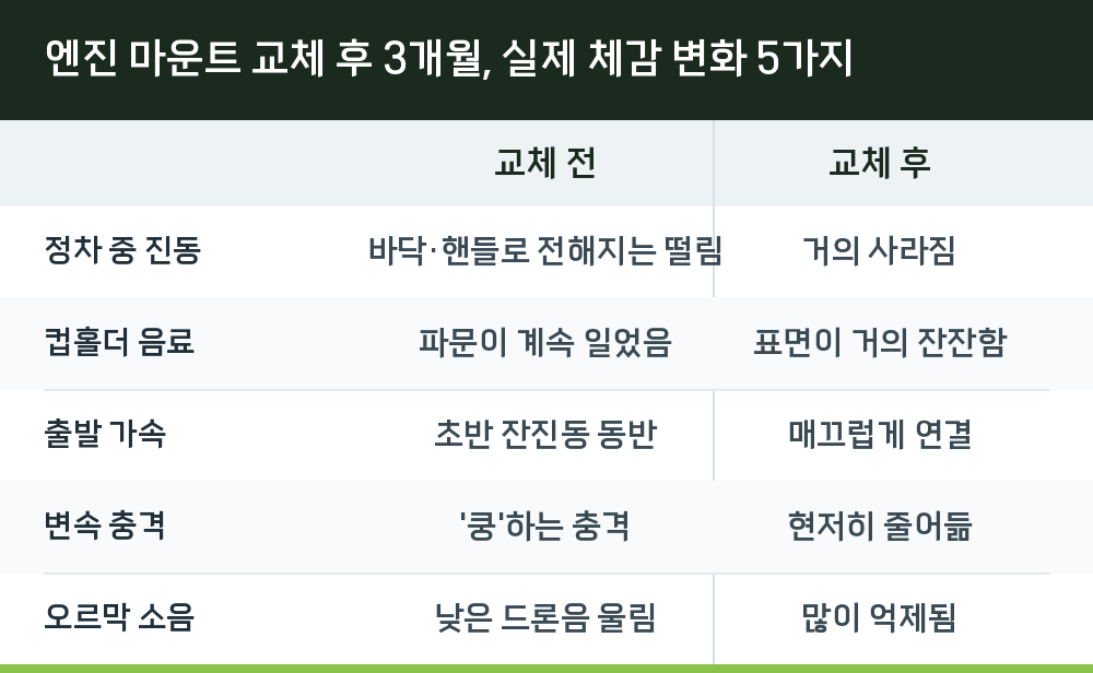 엔진 마운트 교체 후 3개월, 실제 체감 변화 5가지